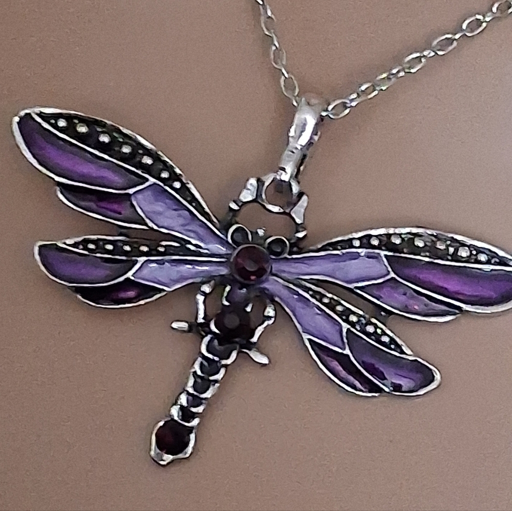 Silvertone and Purple Dragonfly Pendant Necklace - Picture 9 of 10